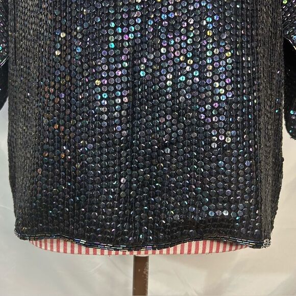 Vintage Black Beaded Blouse 100% Silk Sequin Rainbow Sparkly Retro 80s Sz Medium - Picture 5 of 12